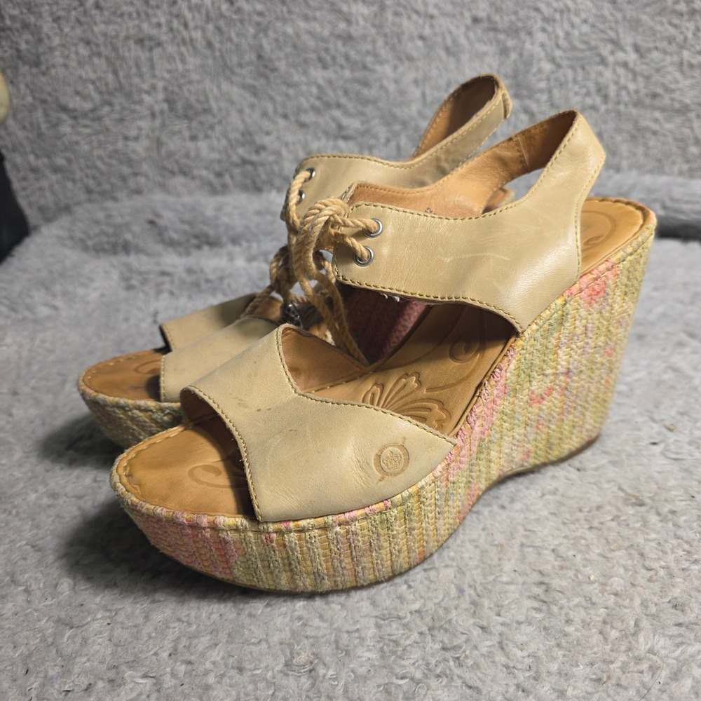 Born Wedge Sandals Tan Leather Jute Laces Floral Espadrille Platform‎ Women 8